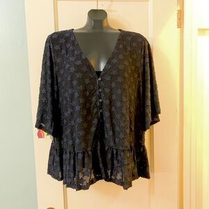 NWT Lane Bryant Navy STARS Raw Edge Button Front Top Sheer Wide Ruffle Hem 26/28